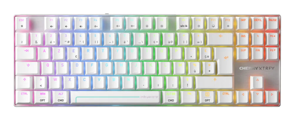 CHERRY MX 8.2 Pro TMR Wireless Oyun USB + RF + Bluetooth AZERTY Fransızca Gümüş, Beyaz Klavye