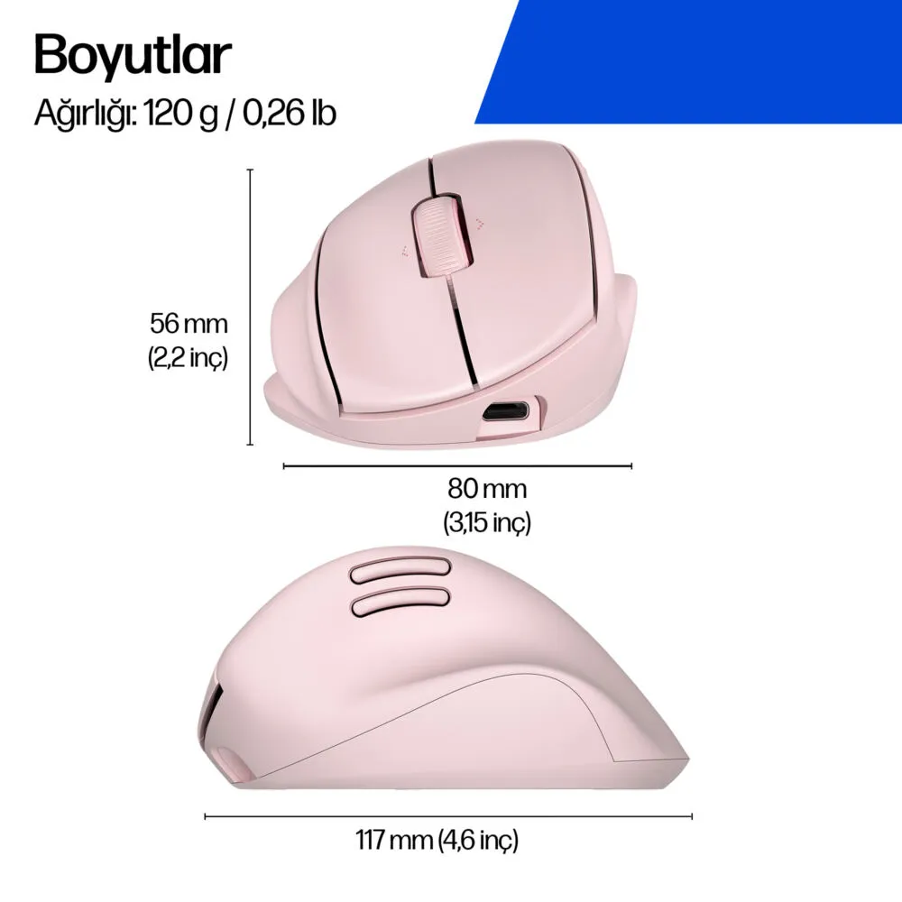 HP Tilt Ergonomik Pembe 720M BH7N4AA 6000 DPI Bluetooth Kablosuz Mouse Thumbnail 4