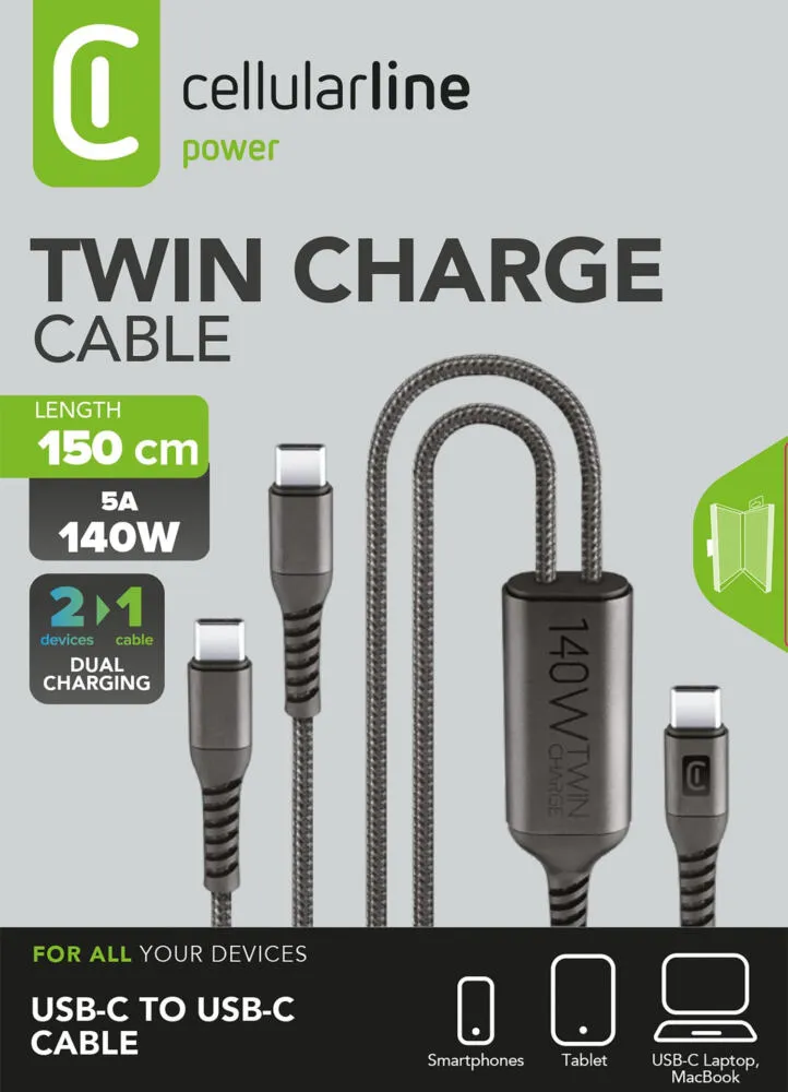 Cellularline USBDATATWINC2C15MK USB kablo 1,5 m USB C 2 x USB C Siyah Thumbnail 1