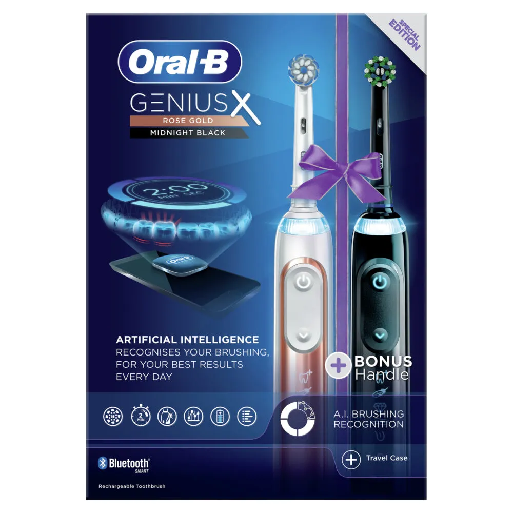 Oral-B Genius X ORAGENXDUO elektrikli diş fırçası Yetişkin Siyah, Pembe Altın Rengi Şarjlı Diş Fırçaları