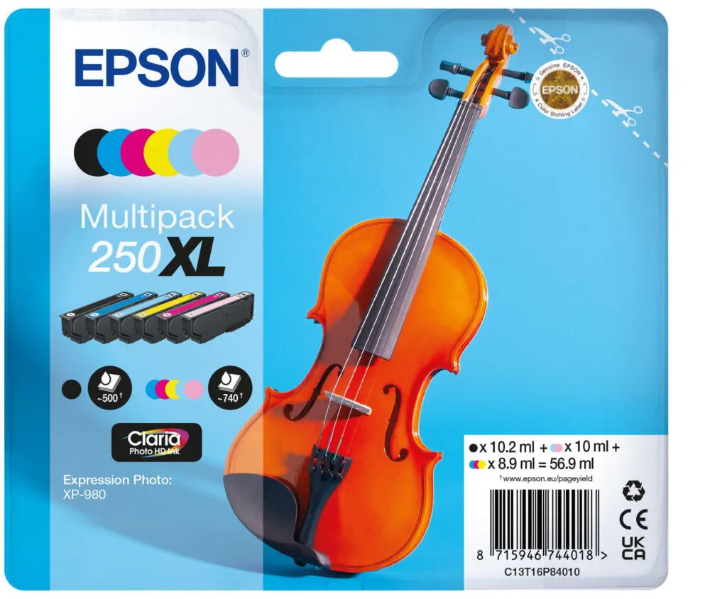 Epson 250XL Violin Claria Photo HD mürekkep kartuşu 6 adet Orijinal Yüksek (XL) Verimli Siyah, Cam Göbeği, Açık Camgöbeği, Açık Macenta, Macenta, Sarı