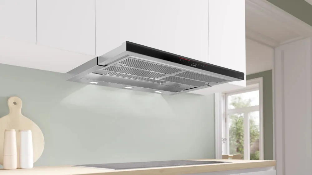Bosch Serie 8 DFS098K54 ocak bacası Yarı yerleşik (dışa çekmeli) Paslanmaz çelik 412 m³/Saat Thumbnail 2