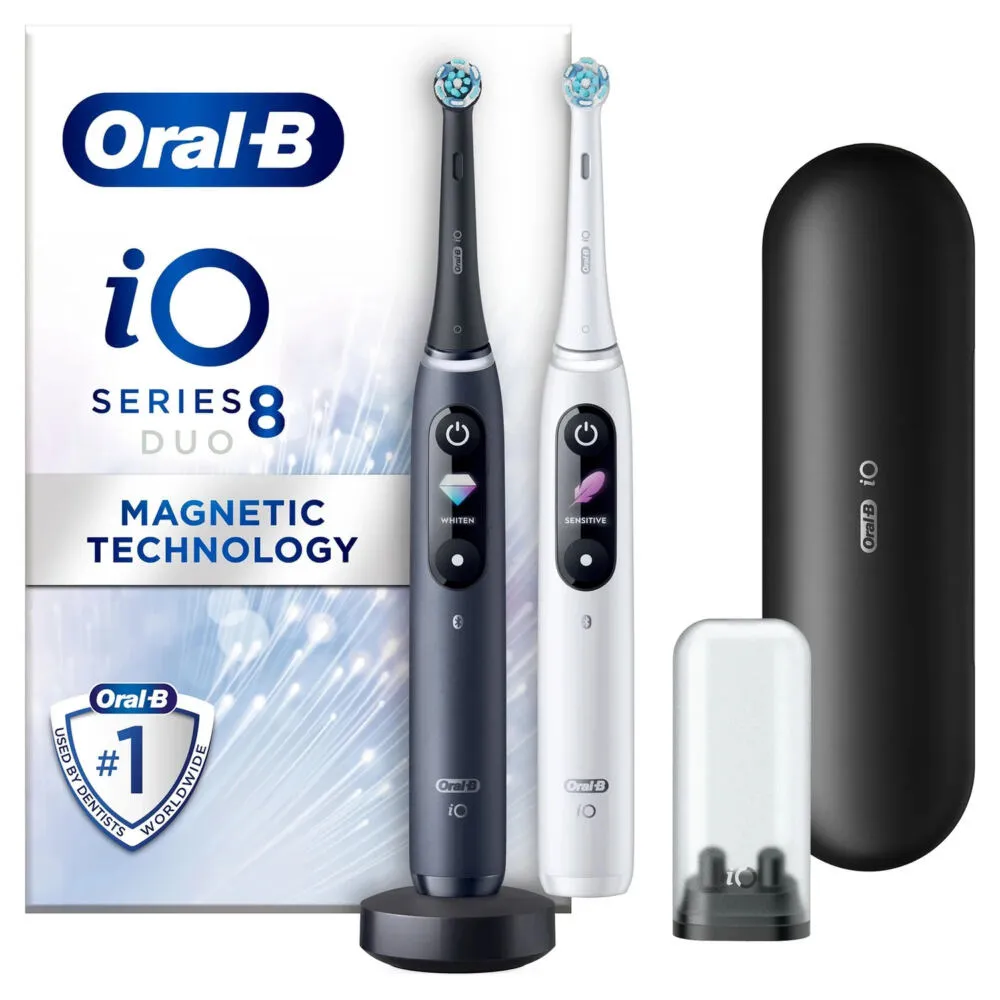 Oral-B iO Series 8 Duo Pack Yetişkin Döner-titreşimli diş fırçası Siyah, Beyaz Şarjlı Diş Fırçaları