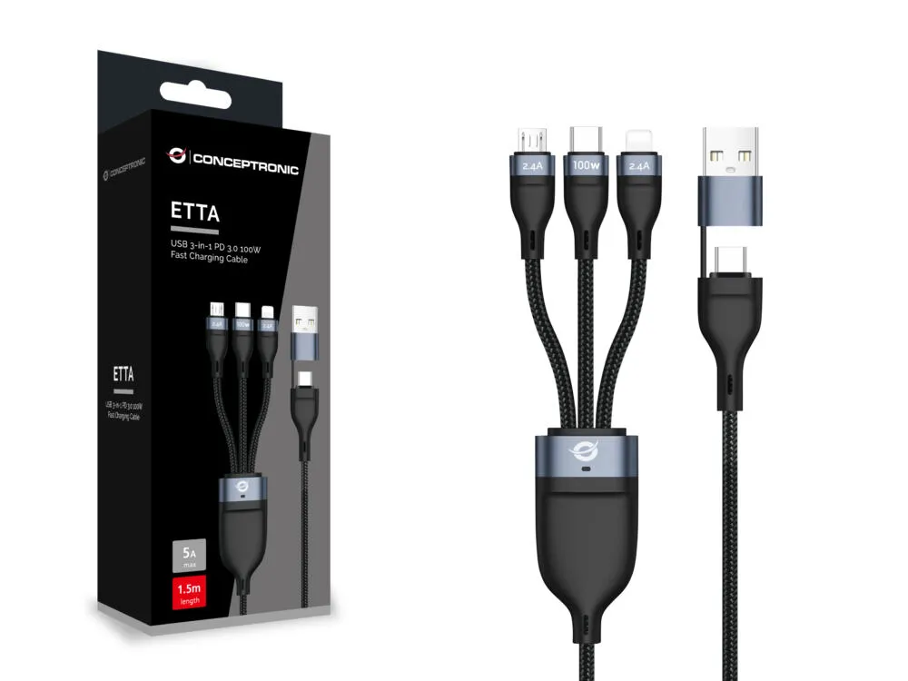Conceptronic ETTA06B15 USB C to USB C/Micro-USB B/Lightning (1,5 m) USB Kablosu Thumbnail 2