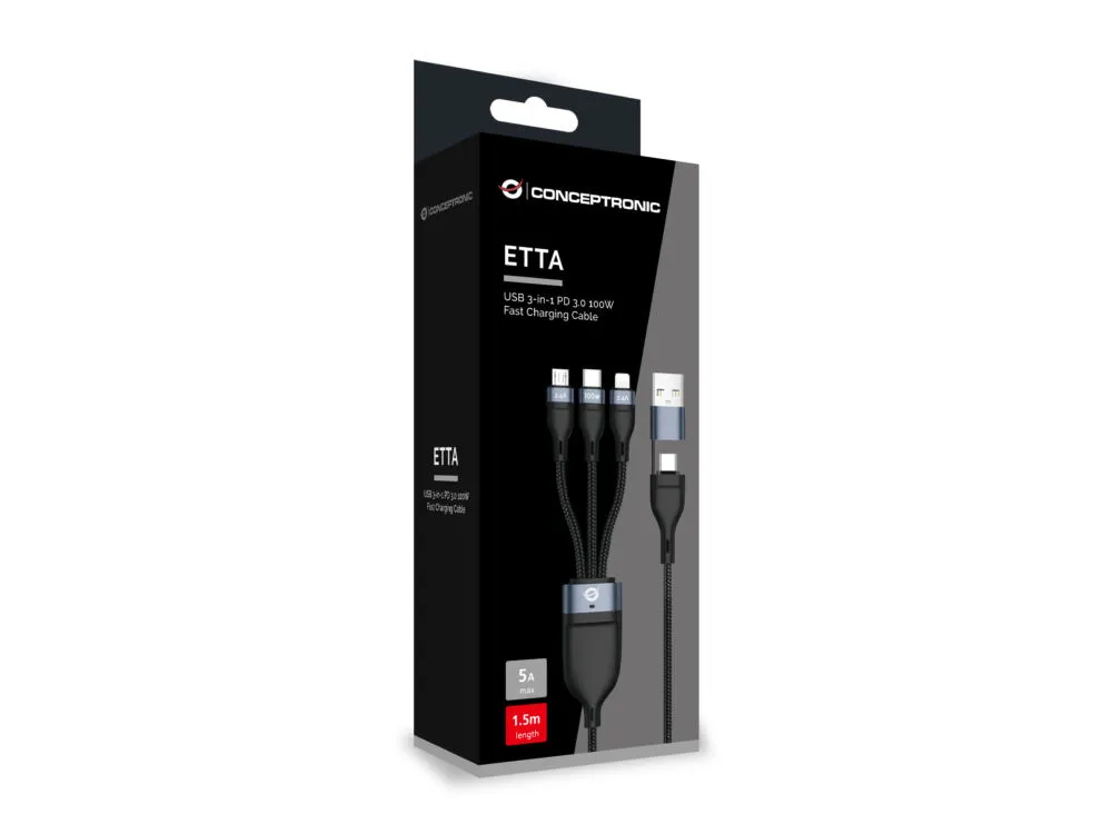 Conceptronic ETTA06B15 USB C to USB C/Micro-USB B/Lightning (1,5 m) USB Kablosu Thumbnail 3