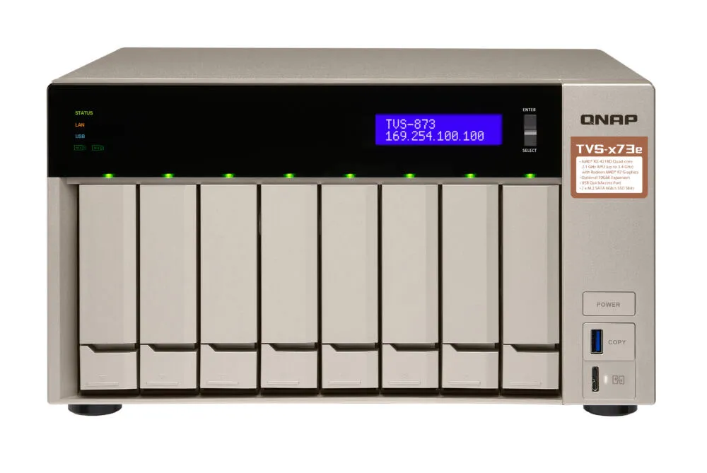 QNAP TVS-873e NAS Dikey (Tower) AMD Embedded R-Series SoC RX-421BD 8 GB DDR4 1,92 TB SSD QNAP Turbo System Altın