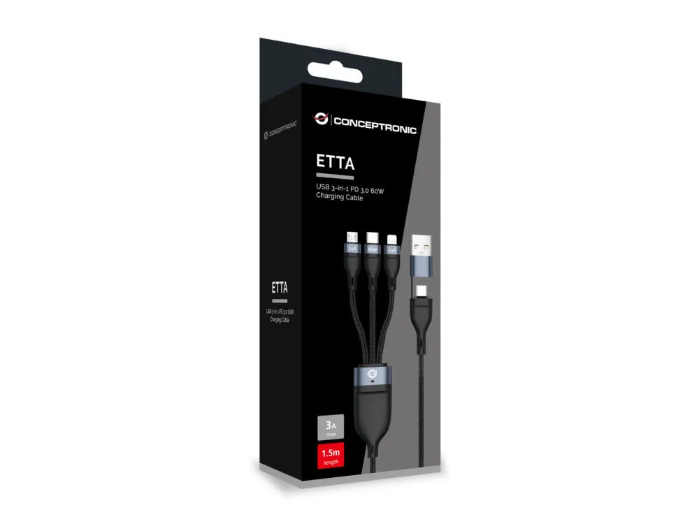 Conceptronic ETTA05B15 USB C to USB C/Micro-USB B/Lightning (1,5 m) USB Kablosu Thumbnail 3
