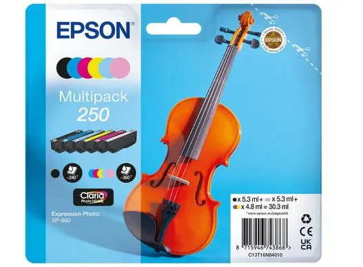 Epson 250 Violin Claria Photo HD mürekkep kartuşu 6 adet Orijinal Siyah, Cam Göbeği, Açık Camgöbeği, Açık Macenta, Macenta, Beyaz
