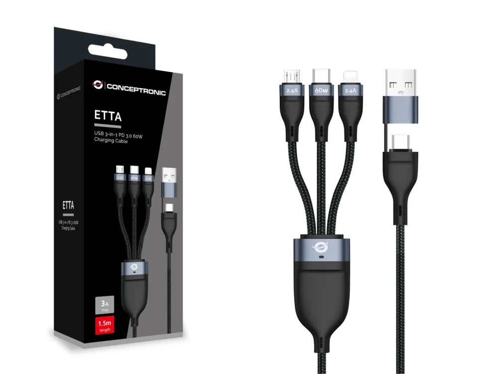 Conceptronic ETTA05B15 USB C to USB C/Micro-USB B/Lightning (1,5 m) USB Kablosu Thumbnail 1