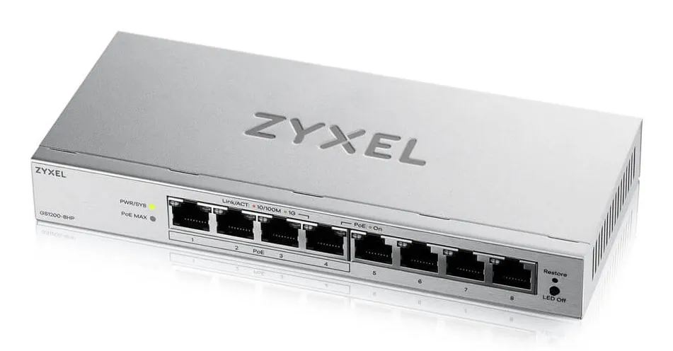 Zyxel GS1200-8HPV3 Gözetilmiş L2 Gigabit Ethernet (10/100/1000) Ethernet üzerinden güç desteği (PoE) Masaüstü Gri Switch