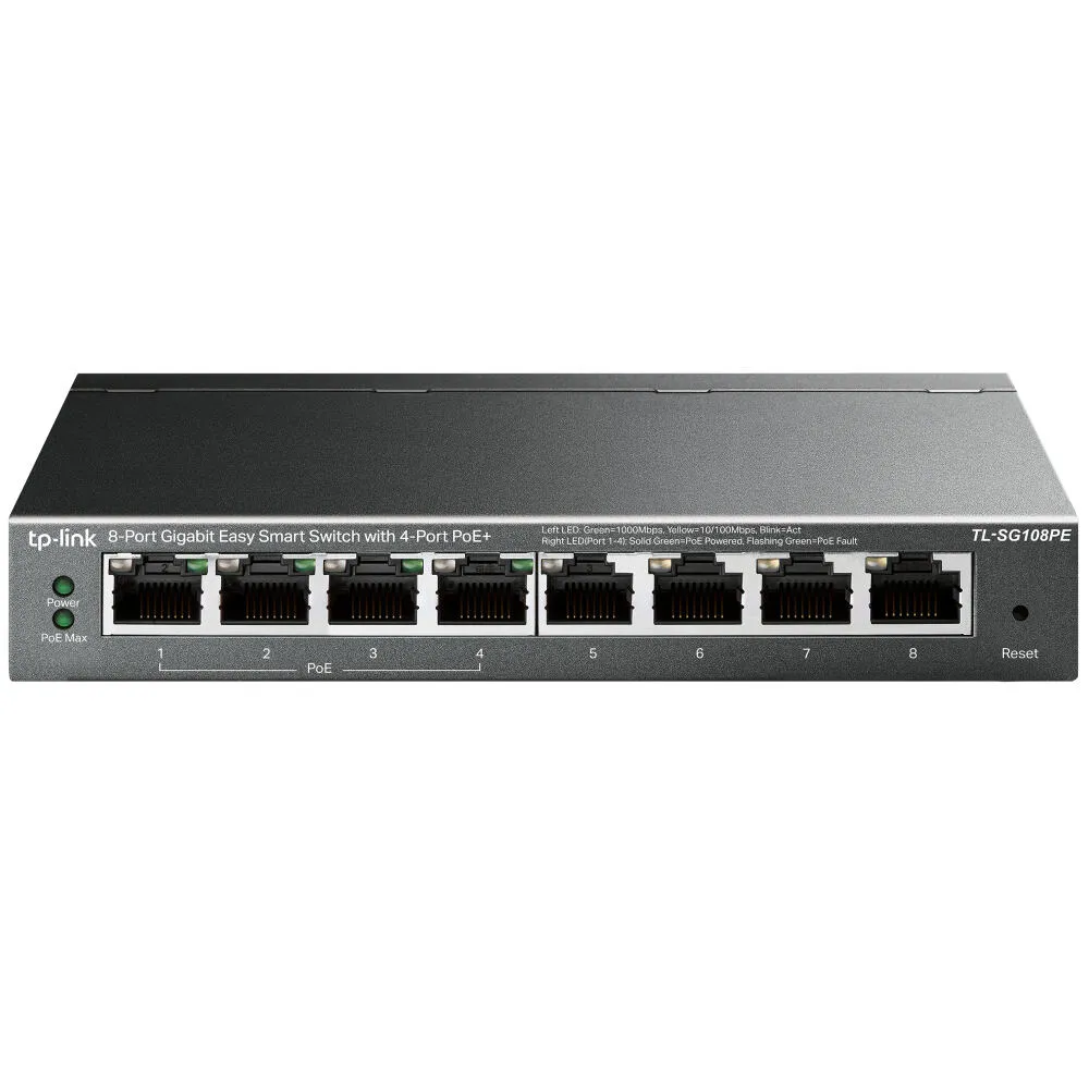 TP-Link TL-SG108PE ağ anahtarı Gözetilmiş L2 Gigabit Ethernet (10/100/1000) Ethernet üzerinden güç desteği (PoE) Siyah Switch