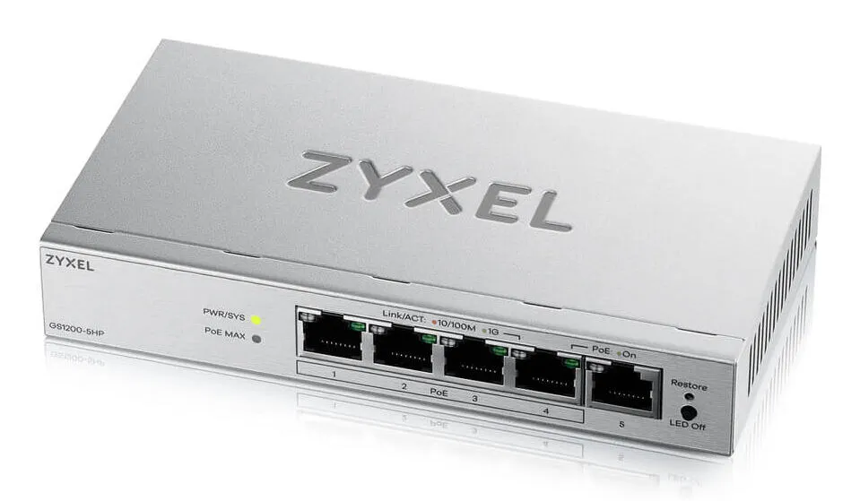 Zyxel GS1200-5HPV3 Gözetilmiş L2 Gigabit Ethernet (10/100/1000) Ethernet üzerinden güç desteği (PoE) Masaüstü Gri Switch