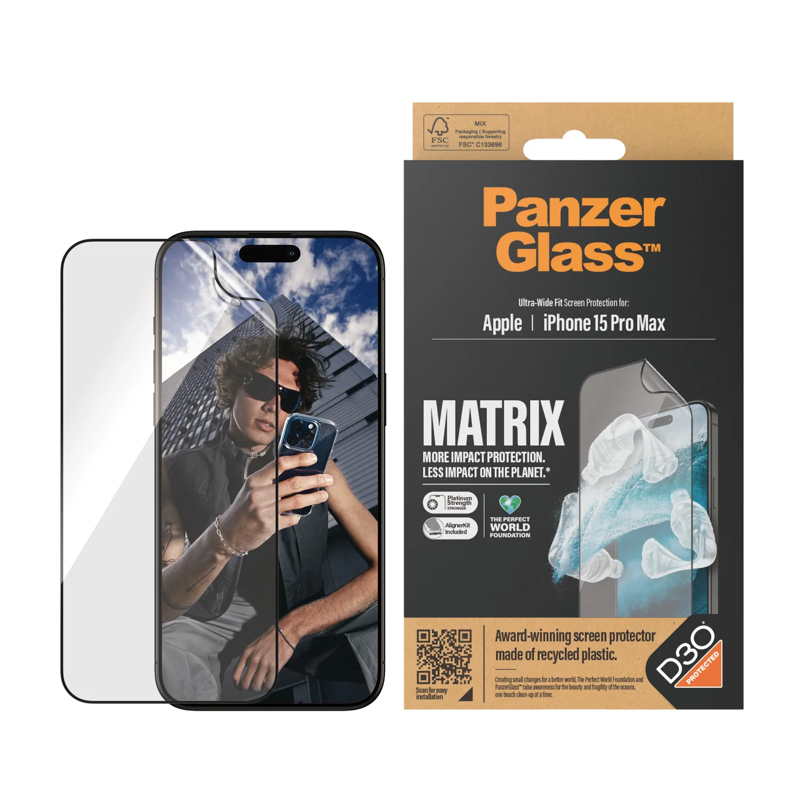 PanzerGlass® ECO MATRIX Screen Protector with D3O® iPhone 15 Pro Max | Ultra-Wide Fit w. AlignerKit 2820 Thumbnail 1