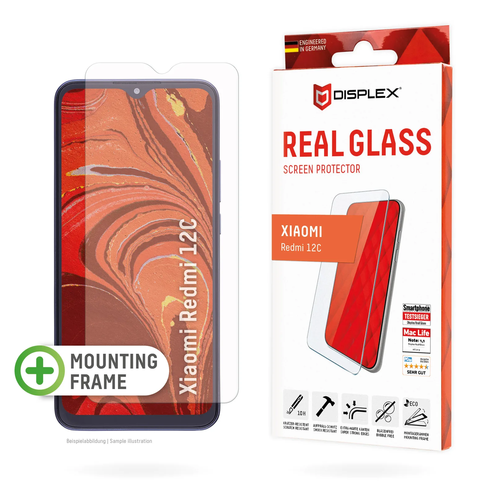 Displex Screen Protector (10H) for Xiaomi Redmi 12C, Eco Mounting Frame, scratch resistant 01817 Ekran Koruyucu