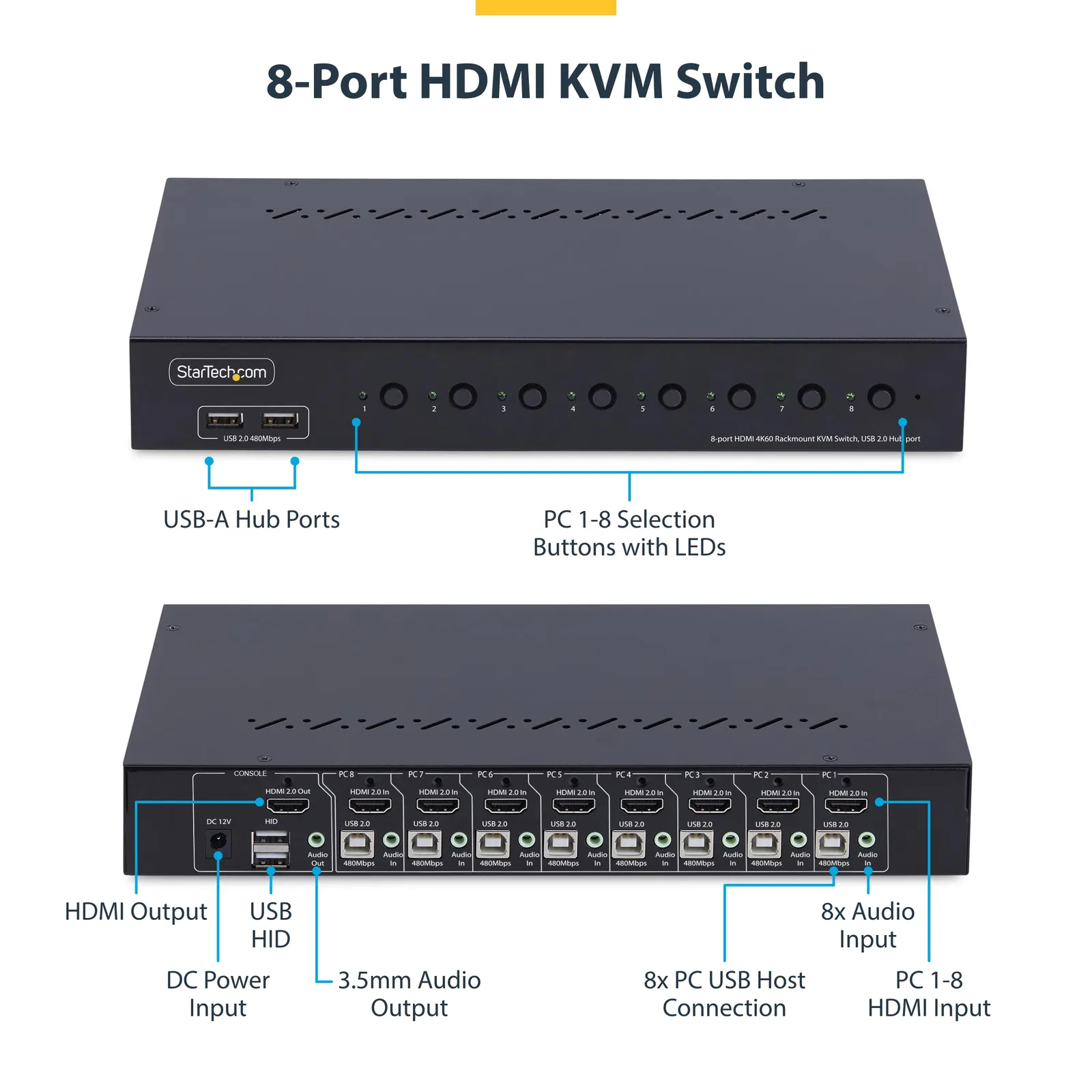 StarTech.com 8-Port HDMI KVM Switch with 1U Rack Mount Kit, 4K 60Hz HDMI 2.0, Push-Button & Hotkey Switching, 4-Port USB Hub, OS Independent, TAA Compliant R8AH202-KVM-SWITCH Thumbnail 5