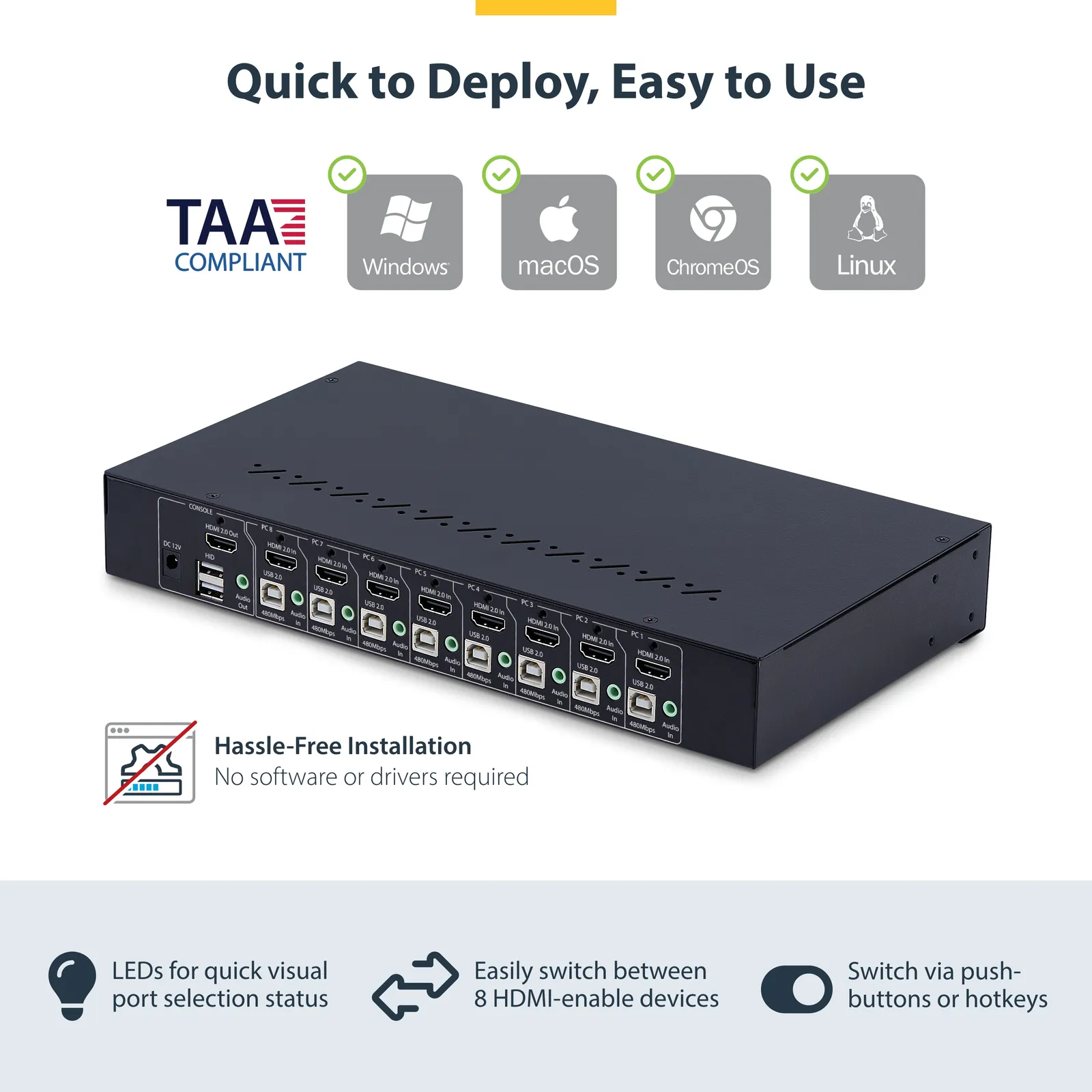 StarTech.com 8-Port HDMI KVM Switch with 1U Rack Mount Kit, 4K 60Hz HDMI 2.0, Push-Button & Hotkey Switching, 4-Port USB Hub, OS Independent, TAA Compliant R8AH202-KVM-SWITCH Thumbnail 6