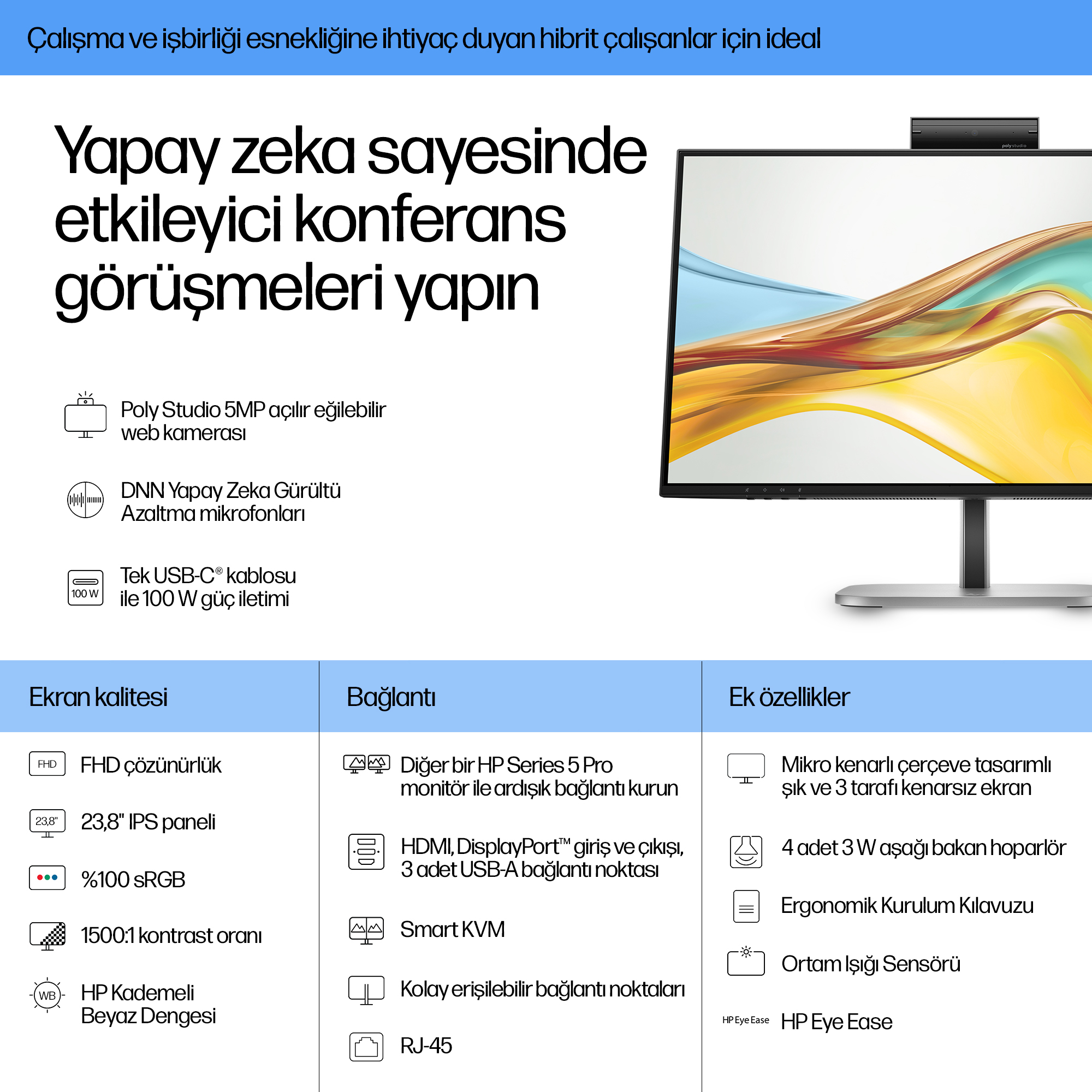 HP Series 5 Pro 23,8 inç FHD USB-C Konferans Monitörü - 524pm PVC İçermez 9E0G9A5#ABB Thumbnail 2