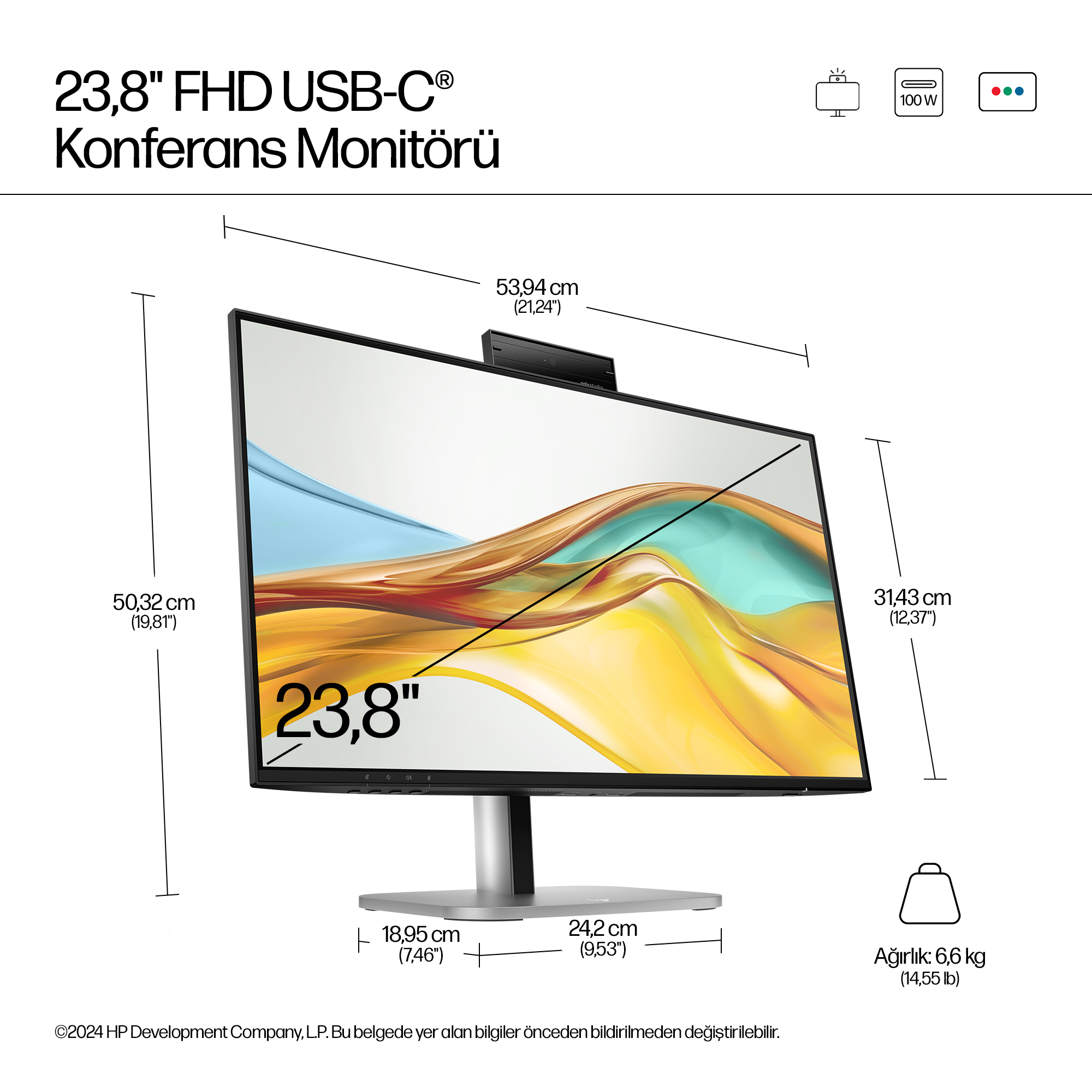 HP Series 5 Pro 23,8 inç FHD USB-C Konferans Monitörü - 524pm PVC İçermez 9E0G9A5#ABB Thumbnail 4