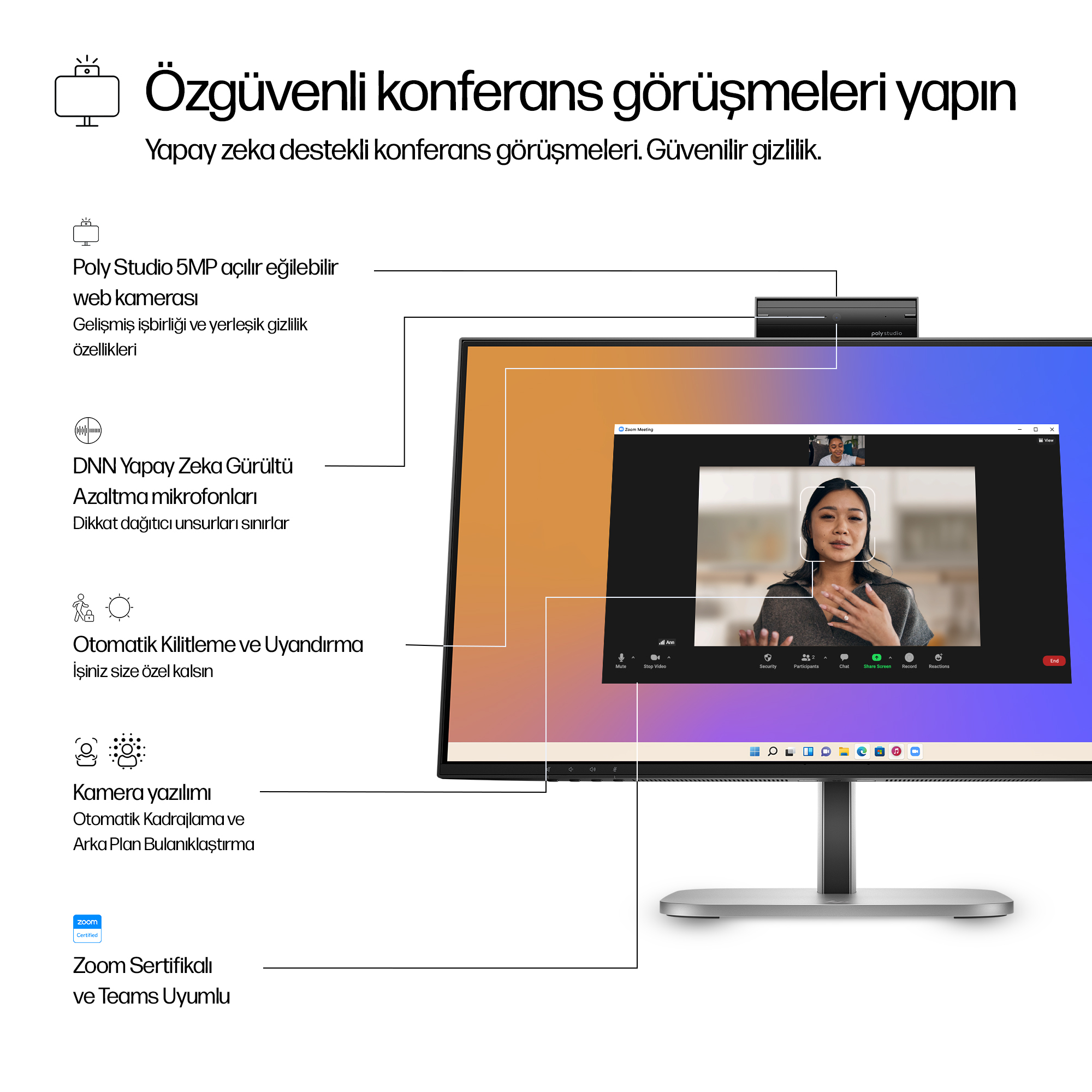 HP Series 5 Pro 23,8 inç FHD USB-C Konferans Monitörü - 524pm PVC İçermez 9E0G9A5#ABB Thumbnail 6