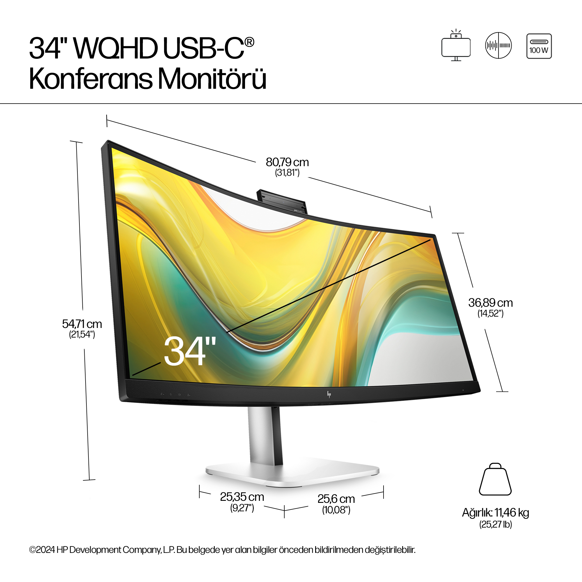 HP Series 5 Pro 34 inç WQHD USB-C Konferans Monitörü - 534pm 9E0Z2A5#ABB Thumbnail 4