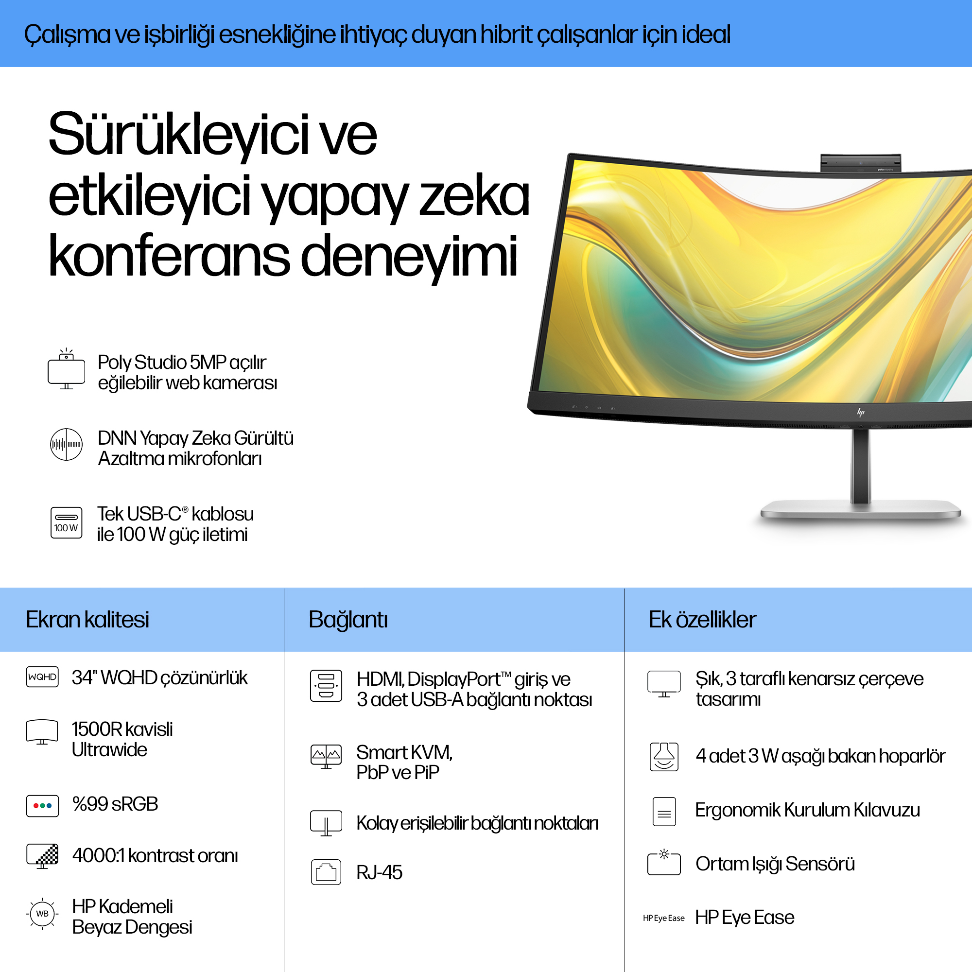 HP Series 5 Pro 34 inç WQHD USB-C Konferans Monitörü - 534pm 9E0Z2A5 Thumbnail 2