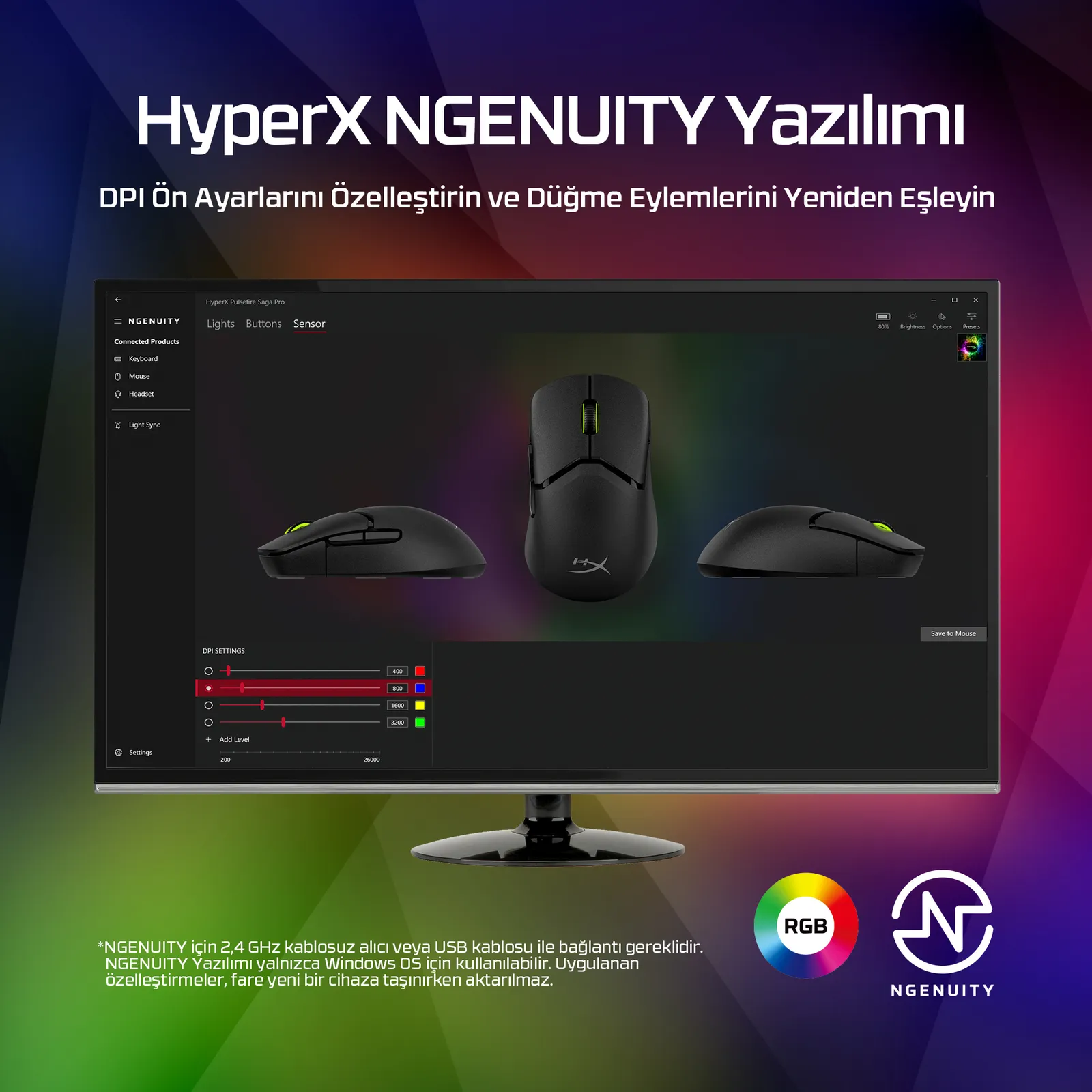 HyperX Pulsefire Saga Pro Kablosuz Oyun Faresi (Siyah) A2PB2AA 3200 DPI Bluetooth Oyuncu Thumbnail 2