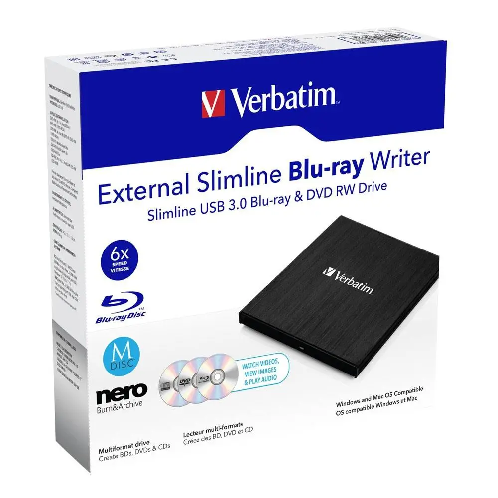 Verbatim External Slimline Mobile Blu-ray Writer 100 GB 43887 R/W  Blu-Ray Discleri (BD)
