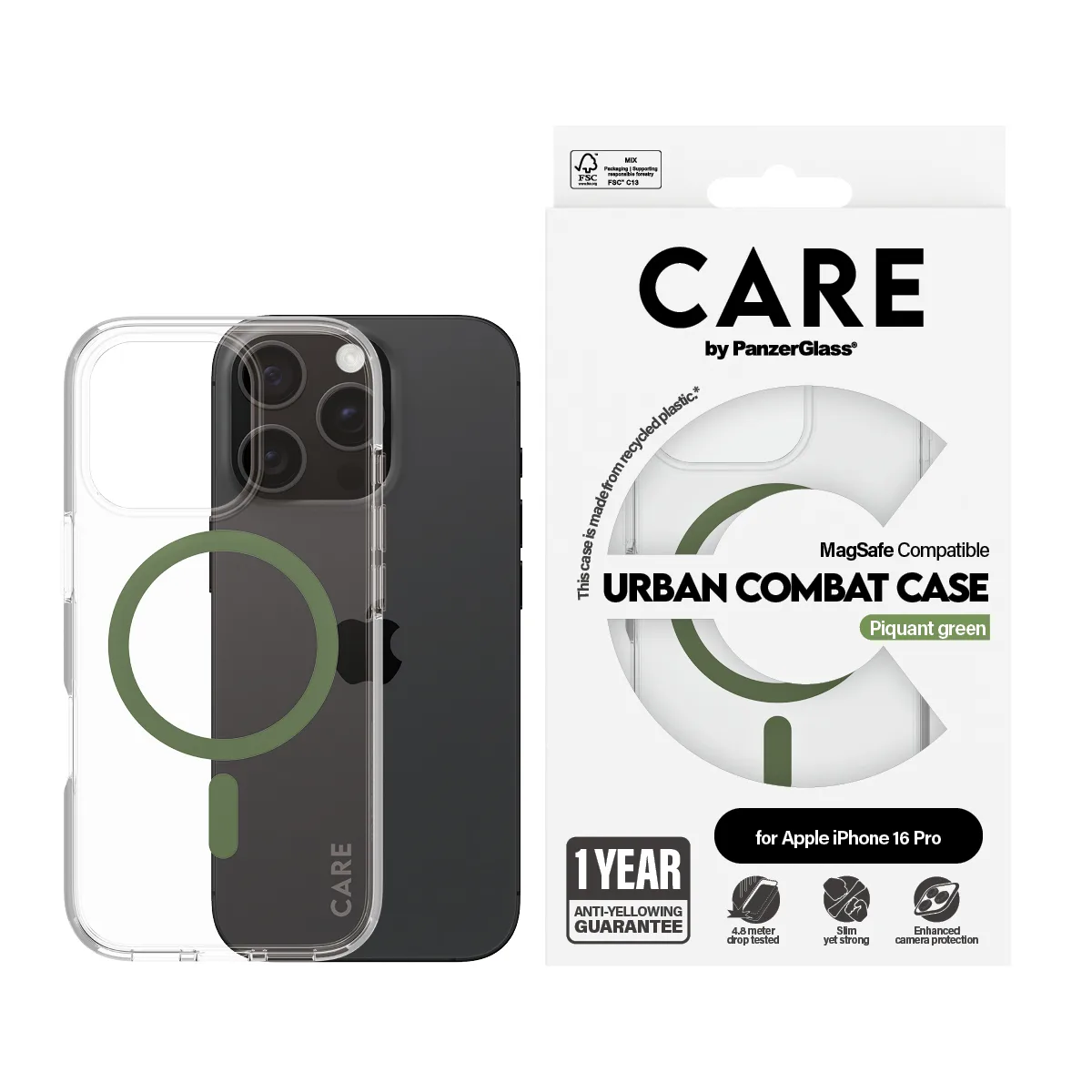 PanzerGlass CARE™ by PanzerGlass® Urban Combat Case Transparent w. Green MagSafe iPhone 16 Pro 1370 Thumbnail 2