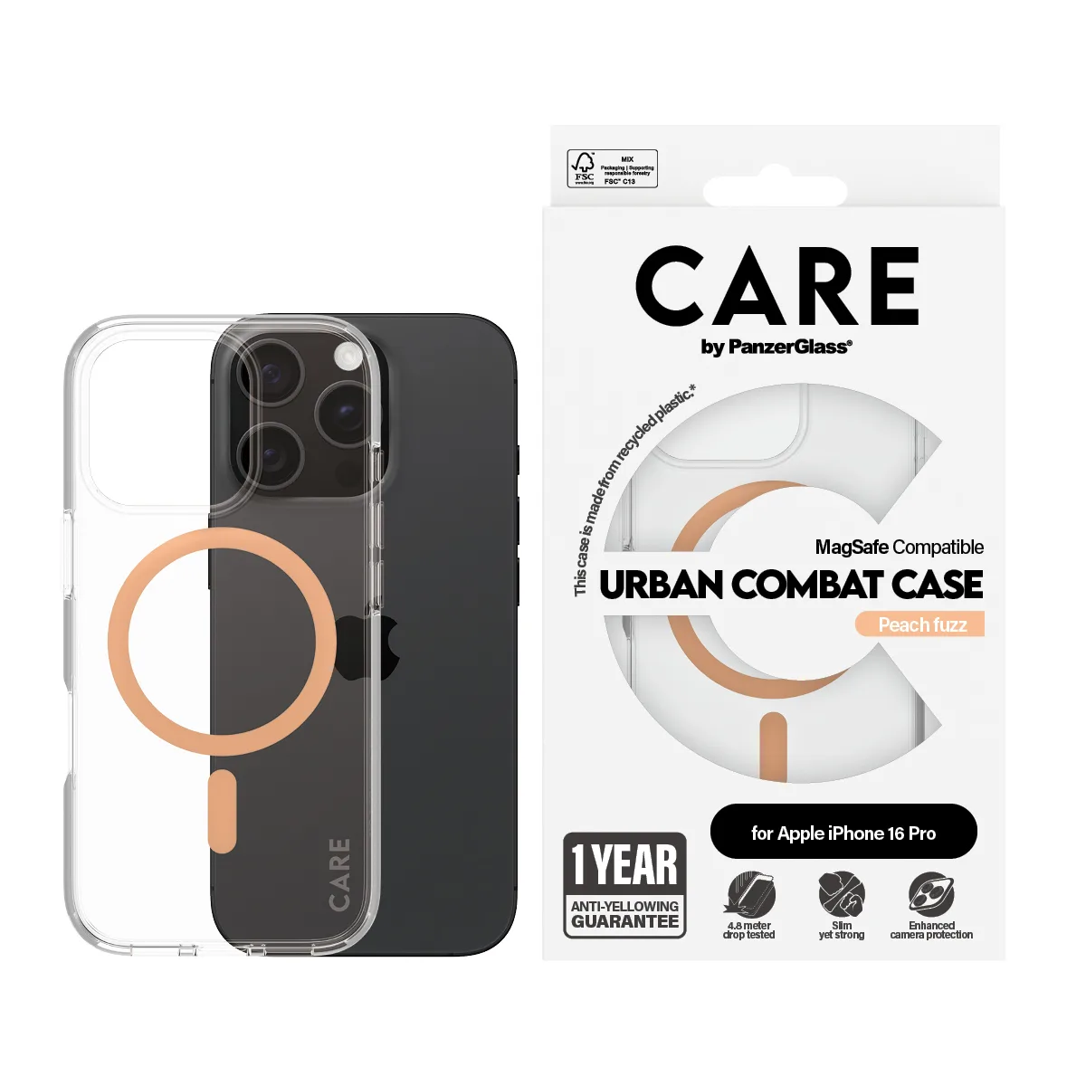 PanzerGlass CARE™ by PanzerGlass® Urban Combat Case Transparent w. Peachy MagSafe iPhone 16 Pro 1374 Thumbnail 2
