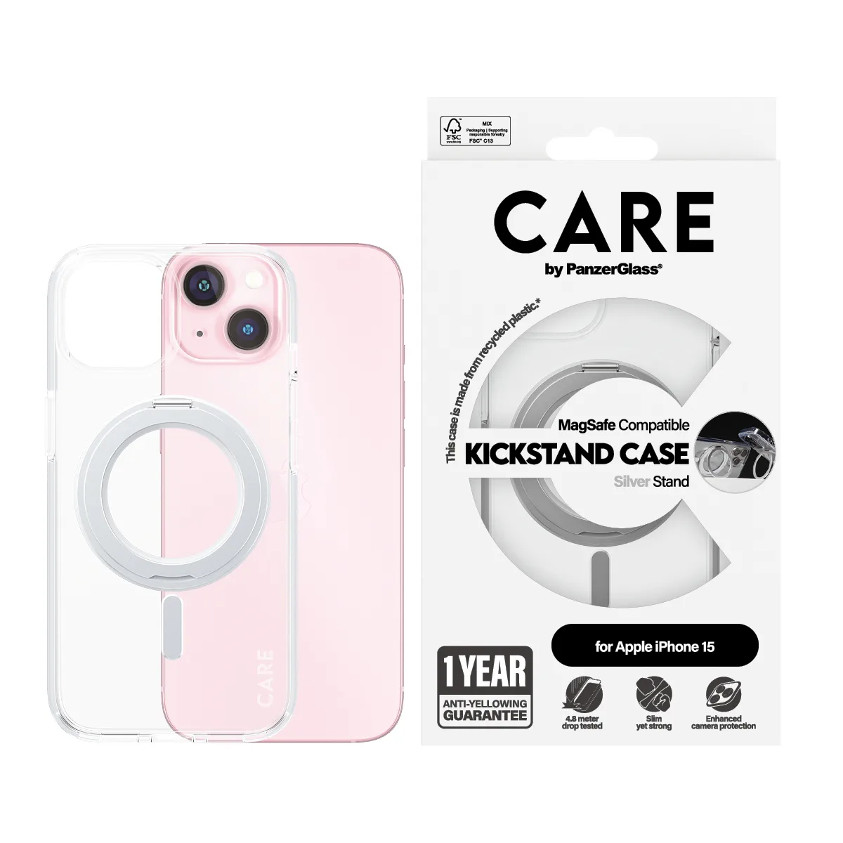 PanzerGlass CARE™ by PanzerGlass® Case Transparent w. Silver Kickstand & MagSafe iPhone 15 1413 Thumbnail 1