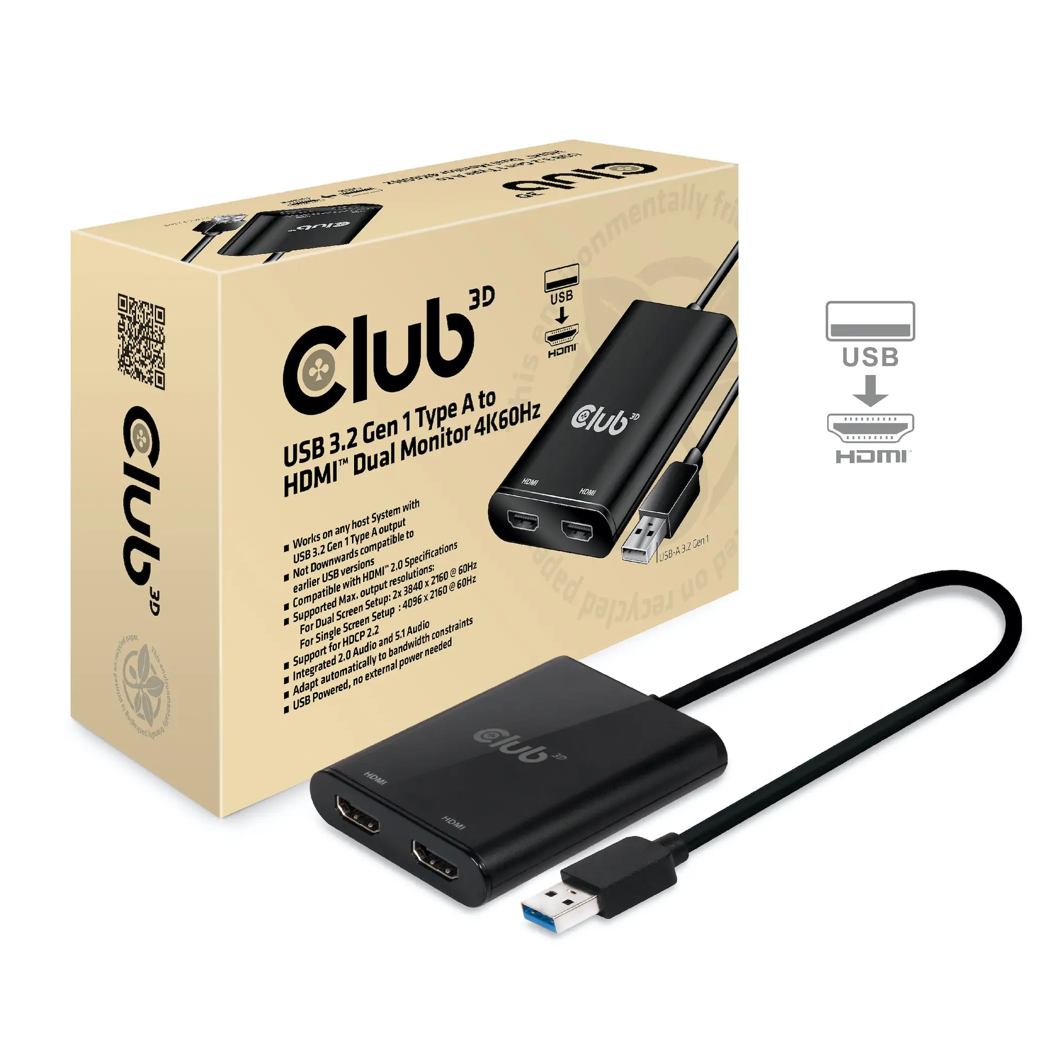 CLUB3D USB A to HDMI™ 2.0 Dual Monitor 4K 60Hz CSV-1474 Video Dallandırıcı