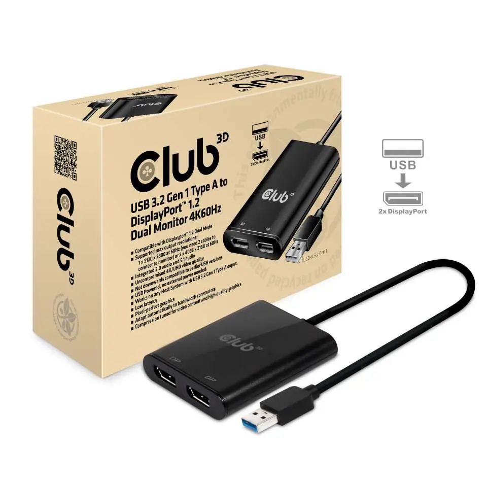 CLUB3D USB A to DisplayPort™ 1.2 Dual Monitor 4K 60Hz CSV-1477 Video Dallandırıcı
